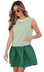 Dear Lover Dropshipping green stripe ruffle mini dress sleeveless casual pocketed summer dress on model