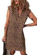 LuckeLadybug khaki leopard print mini dress sleeveless V neck casual shift above knee