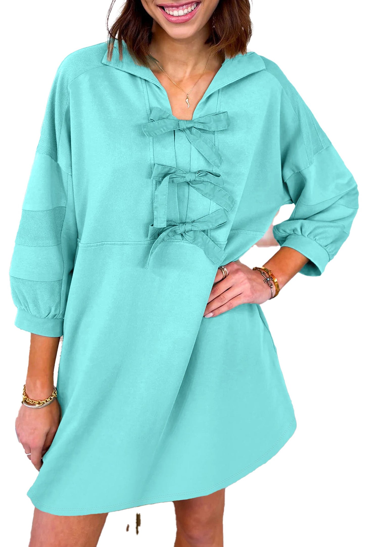 LuckeLadybug moonlight jade bow front mini dress casual hoodie style with three front bows and three quarter sleeves