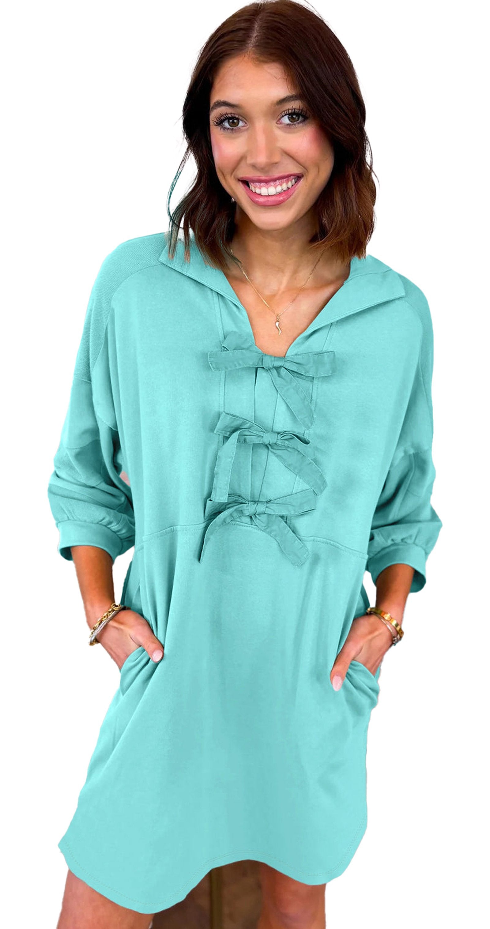 LuckeLadybug moonlight jade bow front mini dress with hood long sleeves side pockets casual relaxed fit