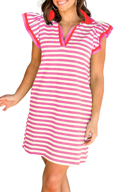 LuckeLadybug H Line pink stripe flutter sleeve dress with V neck ruffled cap sleeves and casual summer shift silhouette