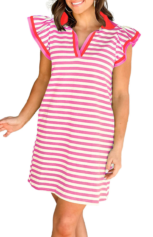 LuckeLadybug H Line pink stripe flutter sleeve dress with V neck ruffled cap sleeves and casual summer shift silhouette