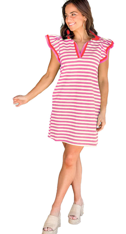 LuckeLadybug H Line pink stripe flutter sleeve dress with V neck ruffle sleeves modeled on porch for casual summer wear