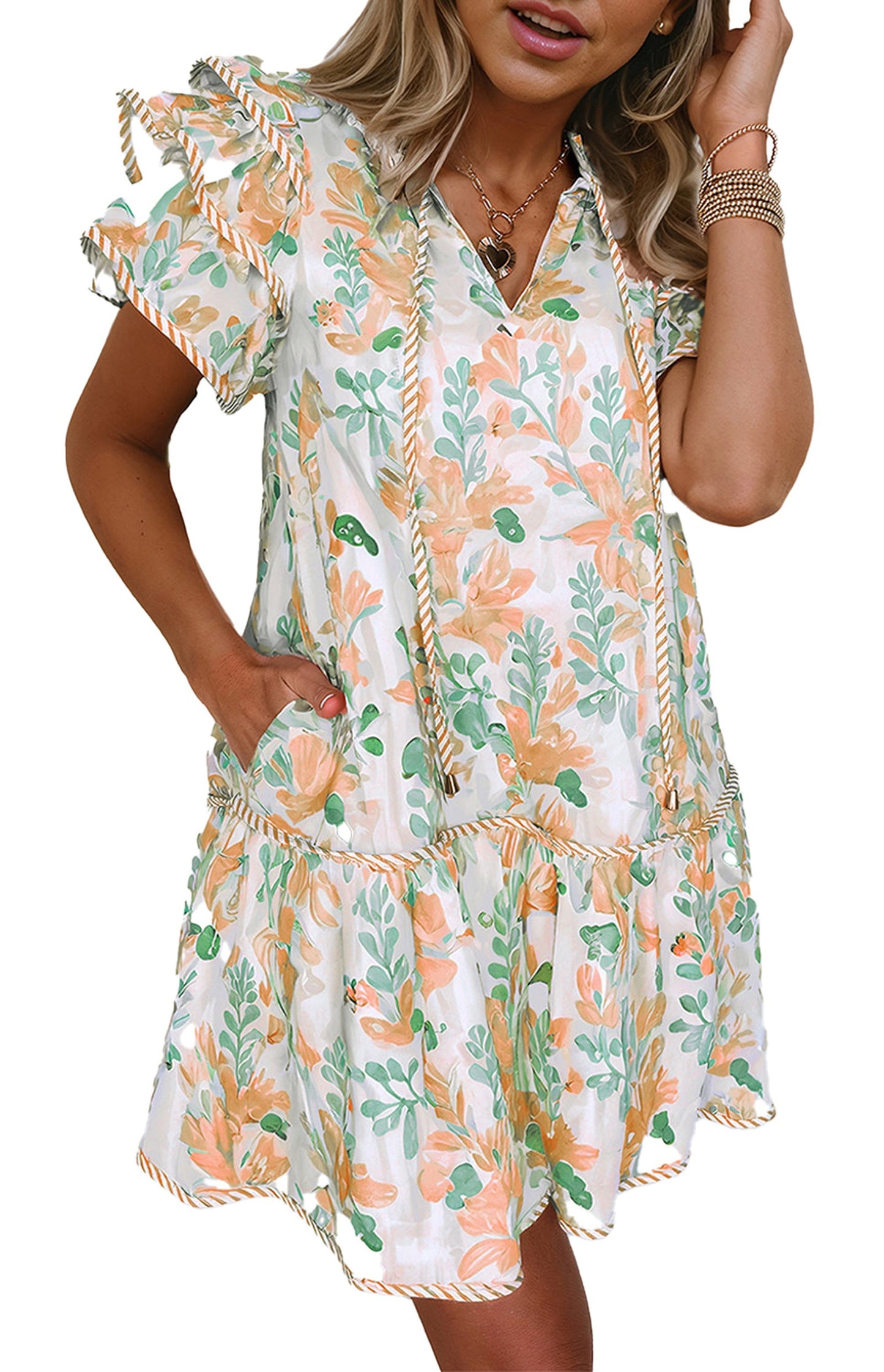 Dear Lover Dropshipping sky blue floral mini dress with ruffle sleeves side pockets and tiered hem