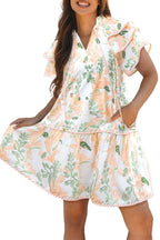 Woman wearing Dear Lover Dropshipping sky blue floral mini dress with ruffled sleeves and tiered skirt
