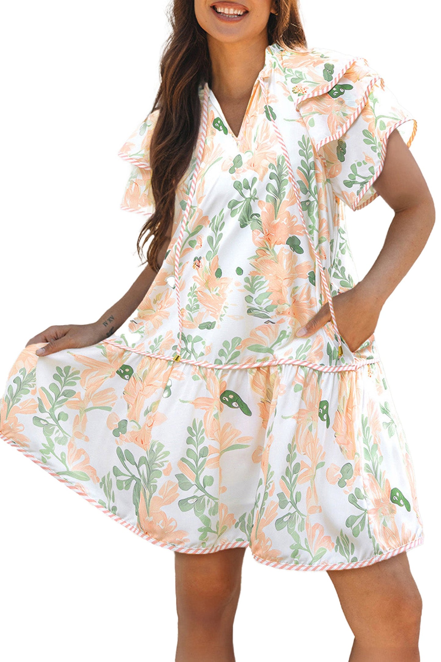 Woman wearing Dear Lover Dropshipping sky blue floral mini dress with ruffled sleeves and tiered skirt