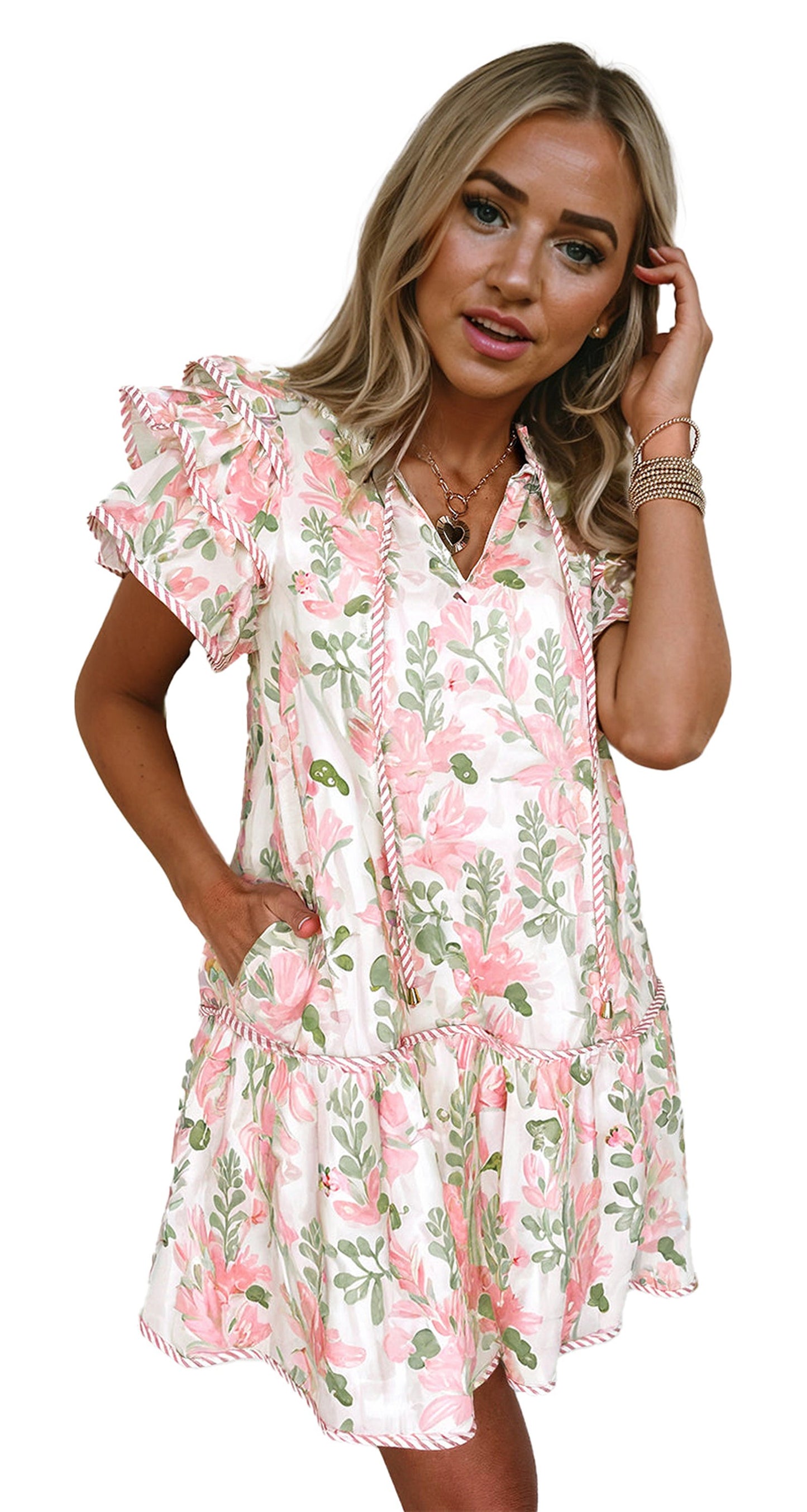 Dear Lover Dropshipping product image for sky blue floral mini dress showing model in pink floral mini dress