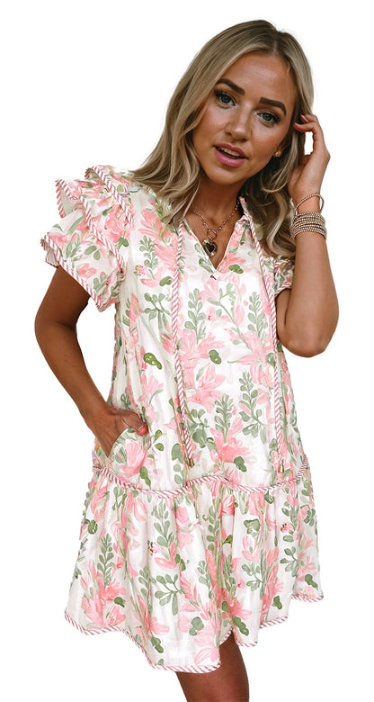 Dear Lover Dropshipping product image for sky blue floral mini dress showing model in pink floral mini dress