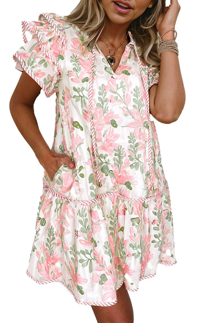 Dear Lover Dropshipping sky blue floral mini dress shown in pink green floral print with ruffle sleeves and pockets
