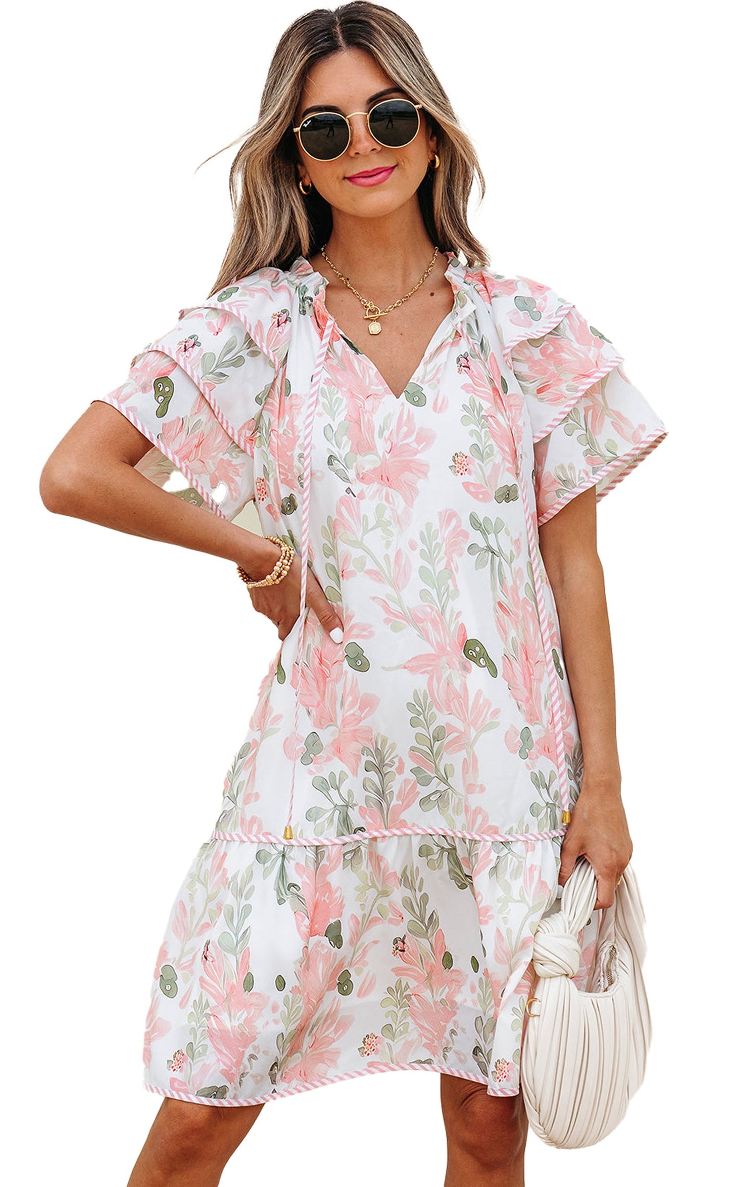 Dear Lover Dropshipping sky blue floral mini dress with V neck ruffle sleeves and tiered hem on model
