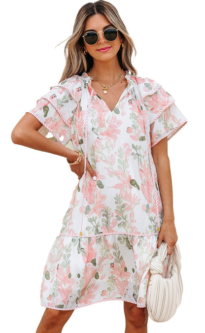 Dear Lover Dropshipping sky blue floral mini dress with V neck ruffle sleeves and tiered hem on model