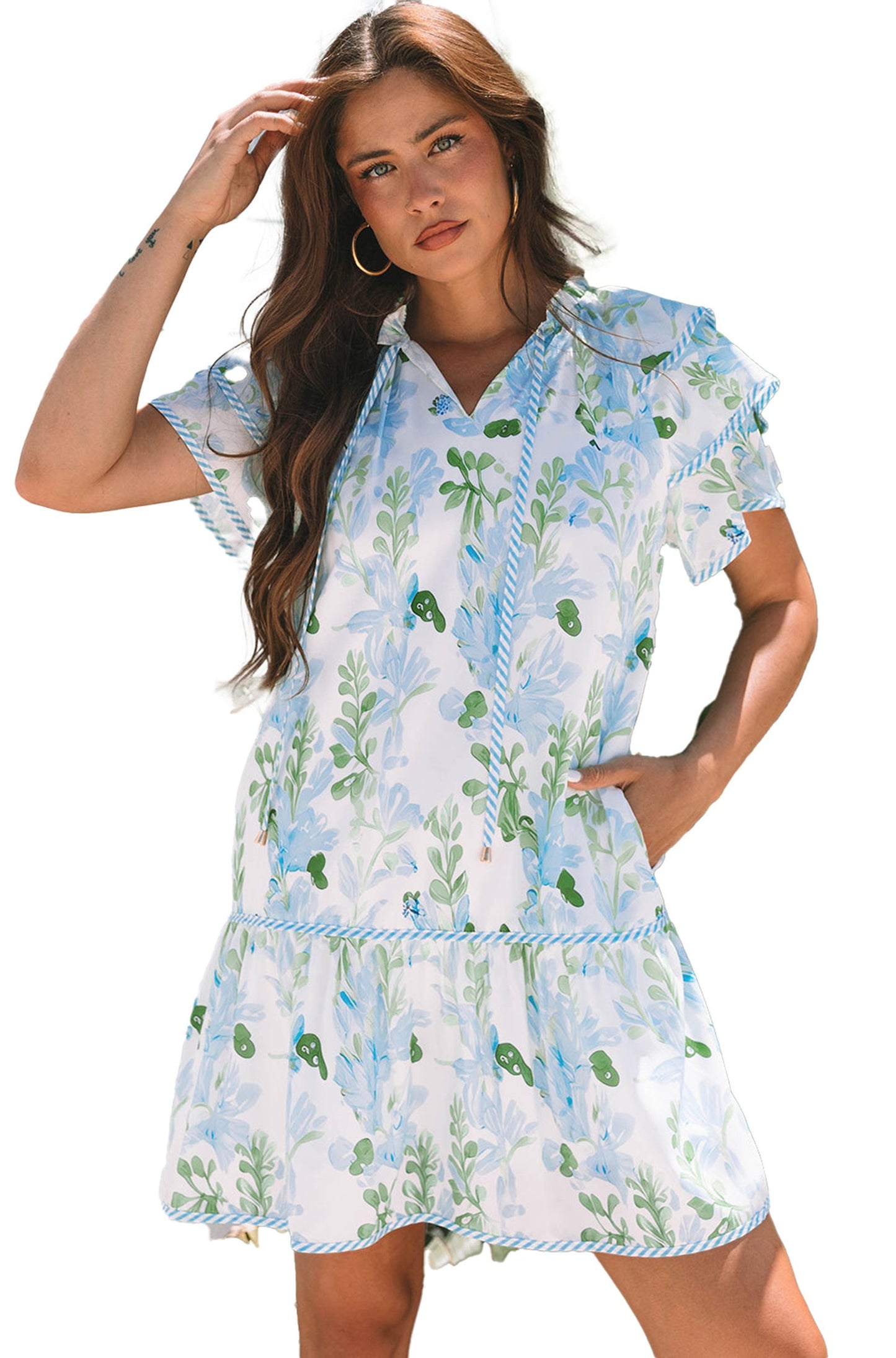 Dear Lover Dropshipping sky blue floral mini dress with ruffle sleeves and V neck model outdoors
