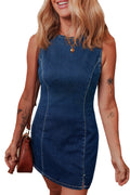 LuckeLadybug sleeveless denim bodycon dress fitted above knee casual day to night outfit