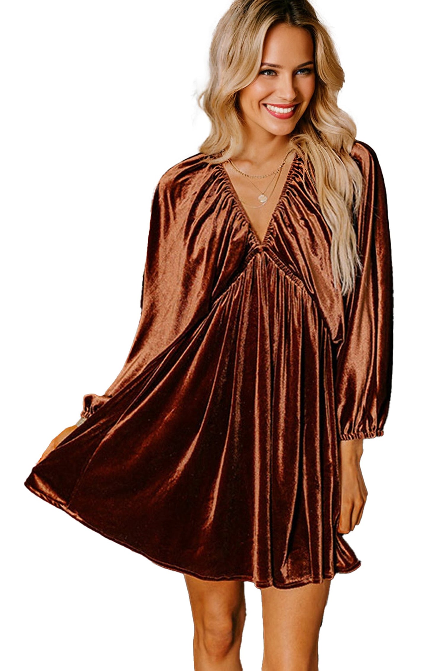LuckeLadybug copper velvet v neck mini dress with long puff sleeves and flared swing skirt