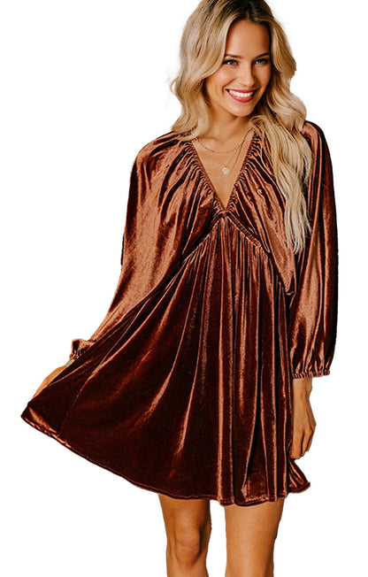 LuckeLadybug copper velvet v neck mini dress with long puff sleeves and flared swing skirt