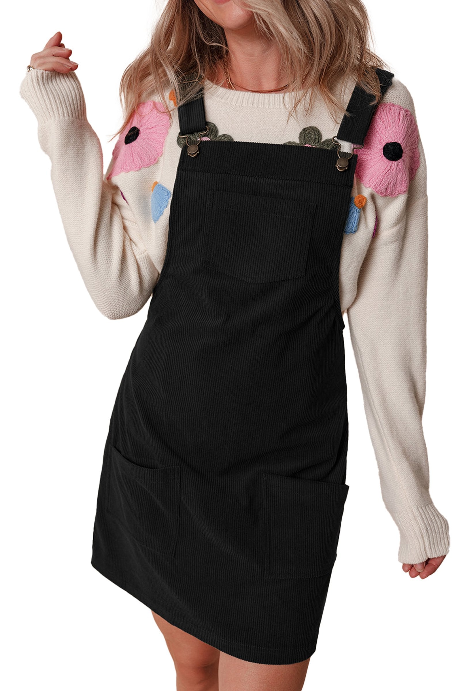 LuckeLadybug vineyard green corduroy overall dress shown here in black corduroy with front pocket and adjustable straps