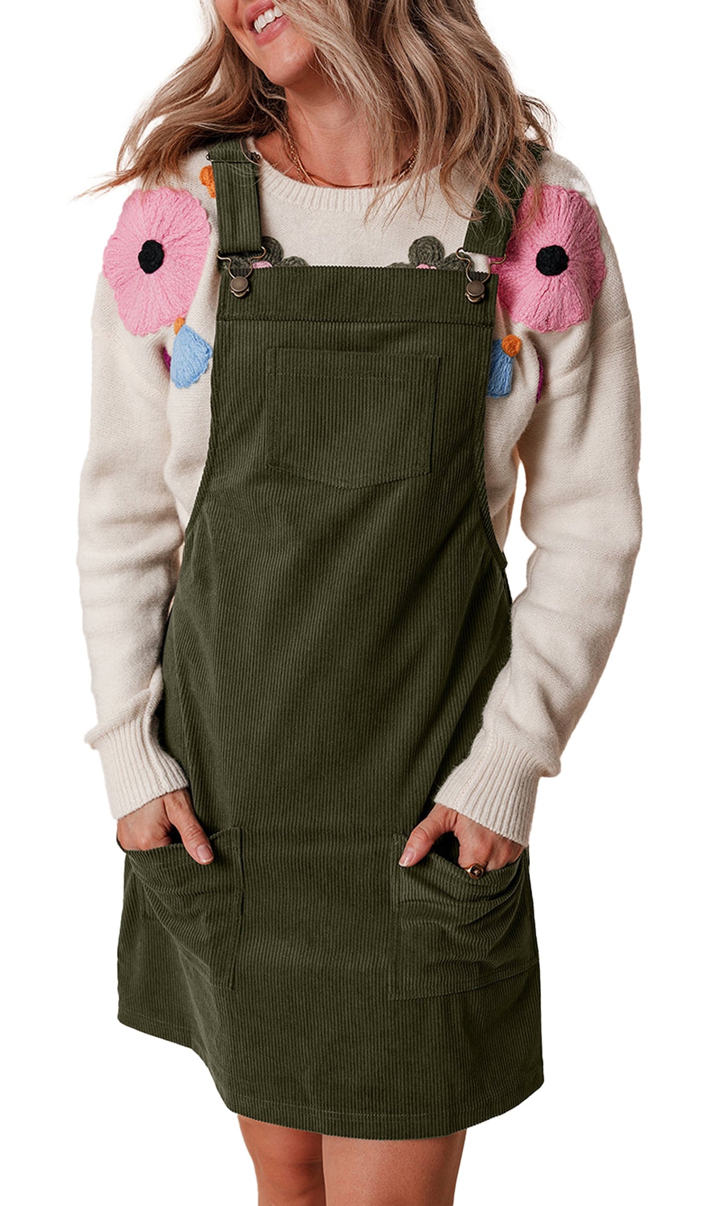 LuckeLadybug vineyard green corduroy overall dress mini with bib pocket and front patch pockets over cream sweater