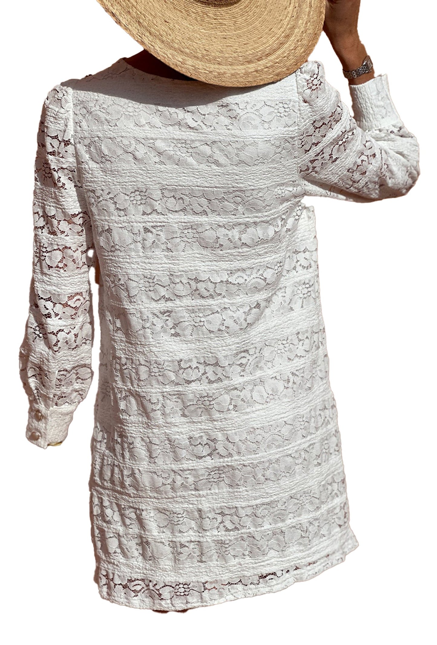 Back view LuckeLadybug white lace mini dress with long sleeves scalloped hem and straw hat
