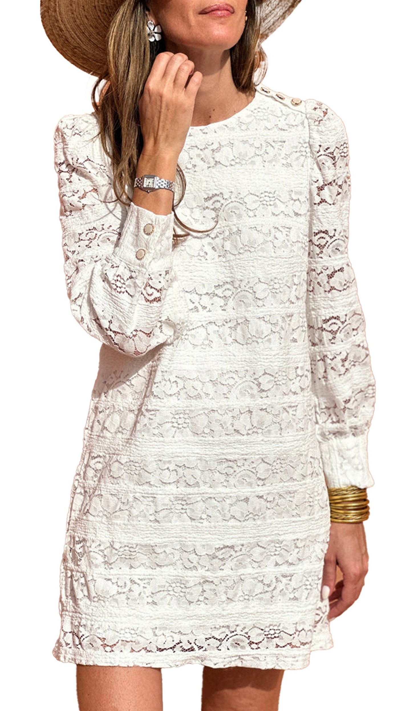 LuckeLadybug white lace mini dress long sleeve scalloped hem boho beach wedding guest look