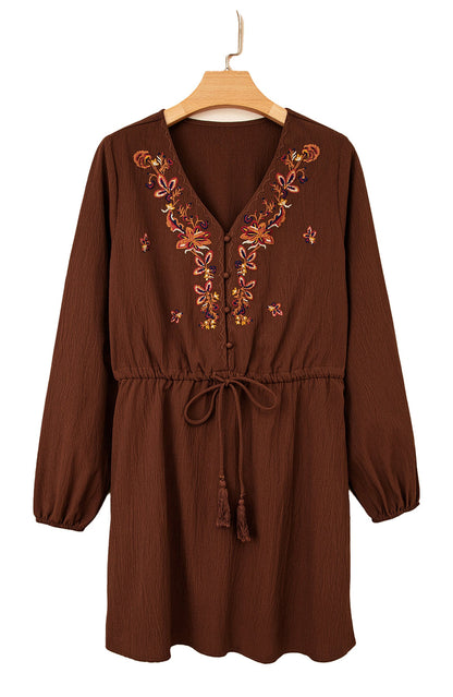 LuckeLadybug burgundy floral embroidered mini dress with V neck long sleeves drawstring waist