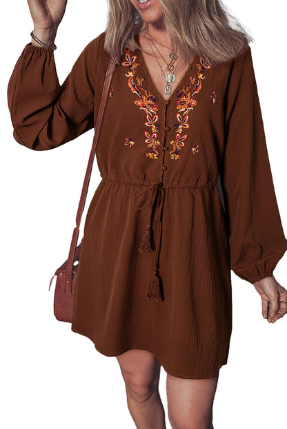 LuckeLadybug burgundy floral embroidered mini dress with long sleeves and tasseled drawstring waist