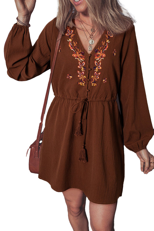 LuckeLadybug burgundy floral embroidered mini dress with long sleeves and tasseled drawstring waist
