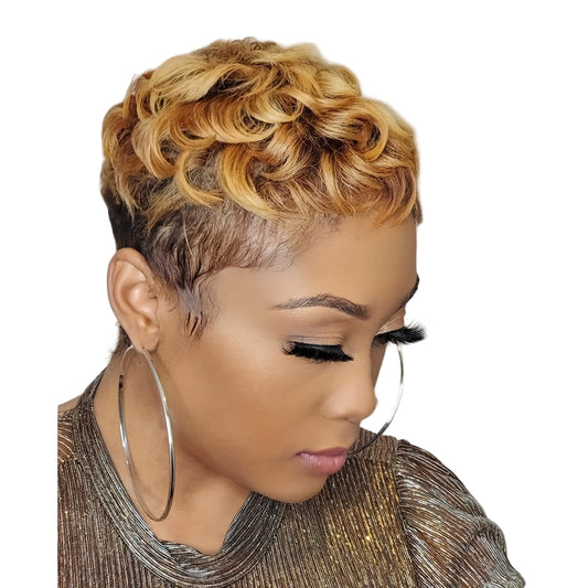 Short curly pixie wig for black women in blonde and black with stylish curls and natural look