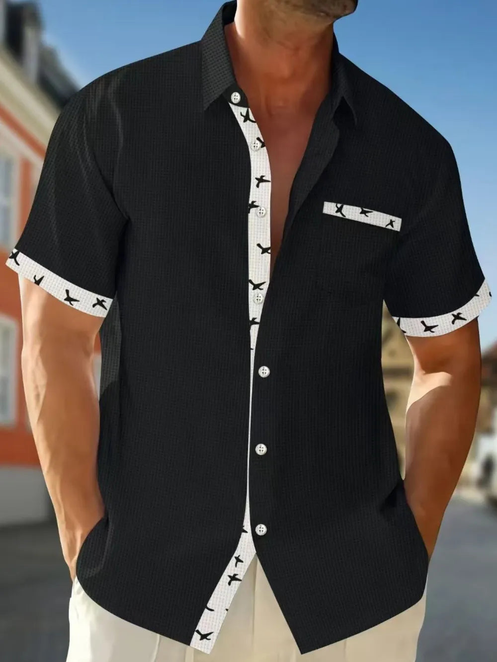 LuckeLadybug LLC Short Sleeve Button Down Shirt in Black with Stylish Contrast Trim