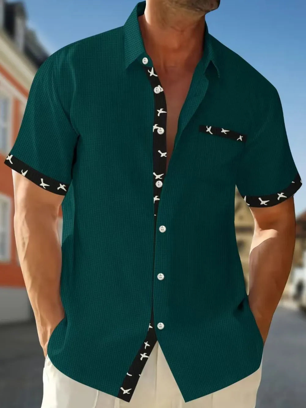 LuckeLadybug LLC Short Sleeve Button Down Shirt in teal with contrasting collar and pocket detail