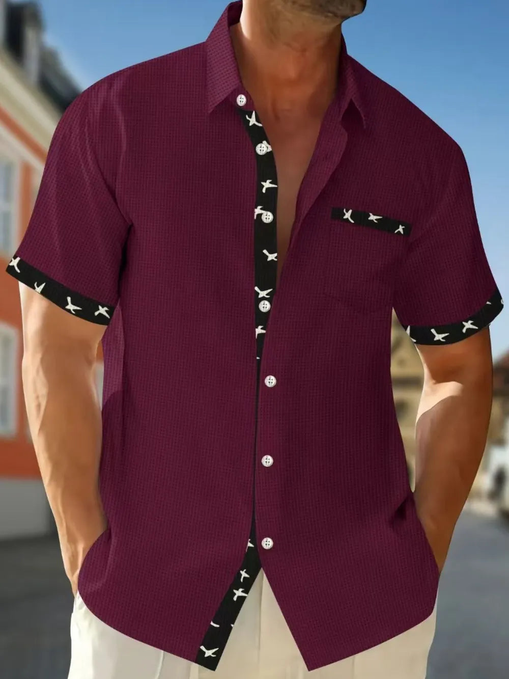 LuckeLadybug LLC short sleeve button down shirt in burgundy with contrasting trim and pocket detail