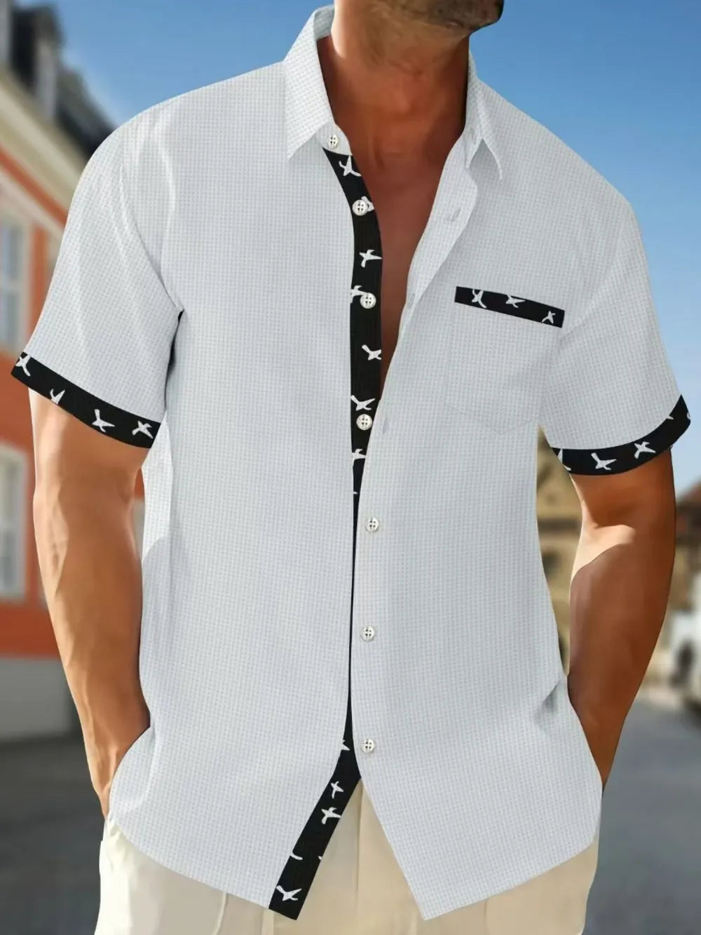 Men's short sleeve button down shirt by LuckeLadybug LLC with stylish black accents