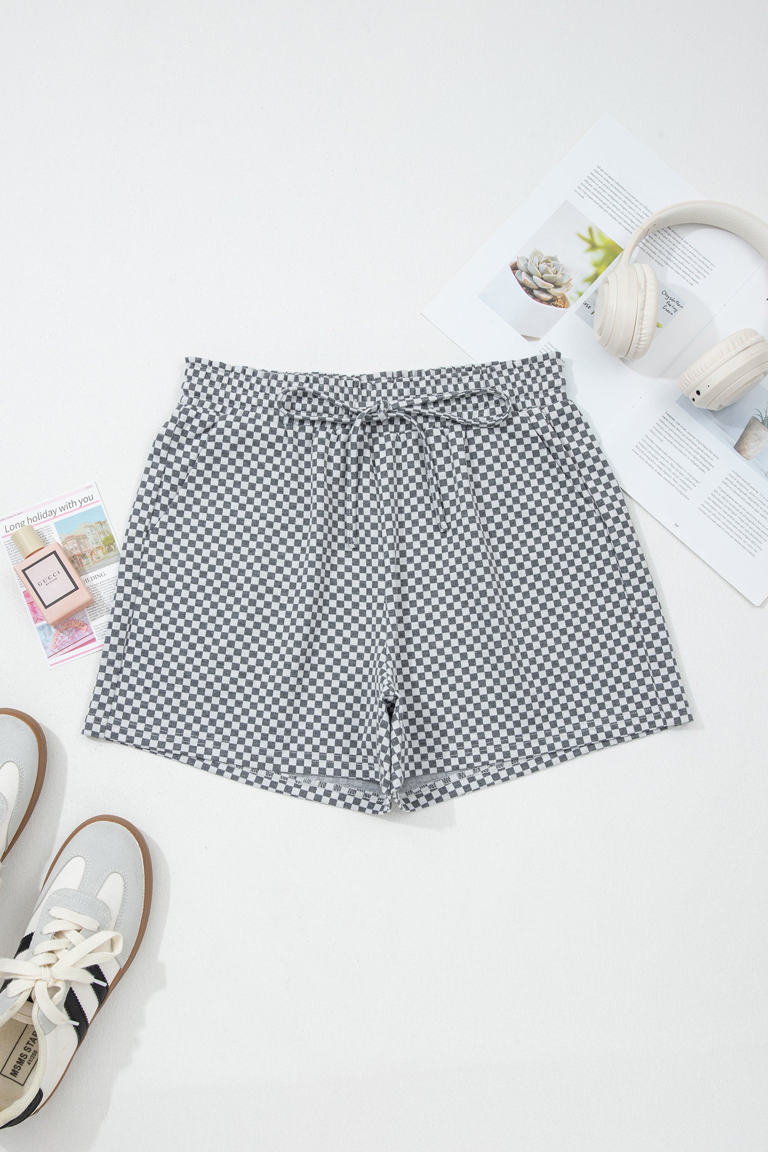 LuckeLAdybug LLC stylish black and white checkered shorts drawstring shorts for casual wear