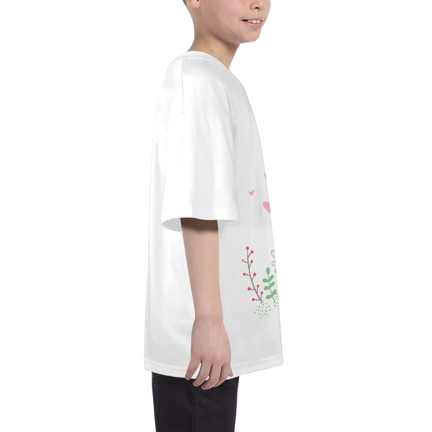 Side view of a child wearing a white bunny print kids shirt with floral design
