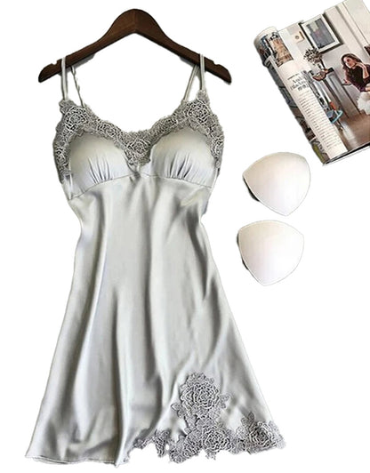 Silk lace babydoll lingerie in light gray with delicate floral lace trim and adjustable straps