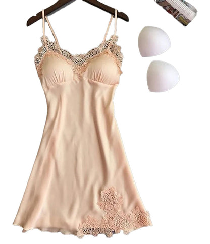 LuckeLadybug silk lace babydoll lingerie in soft peach color with delicate floral lace details