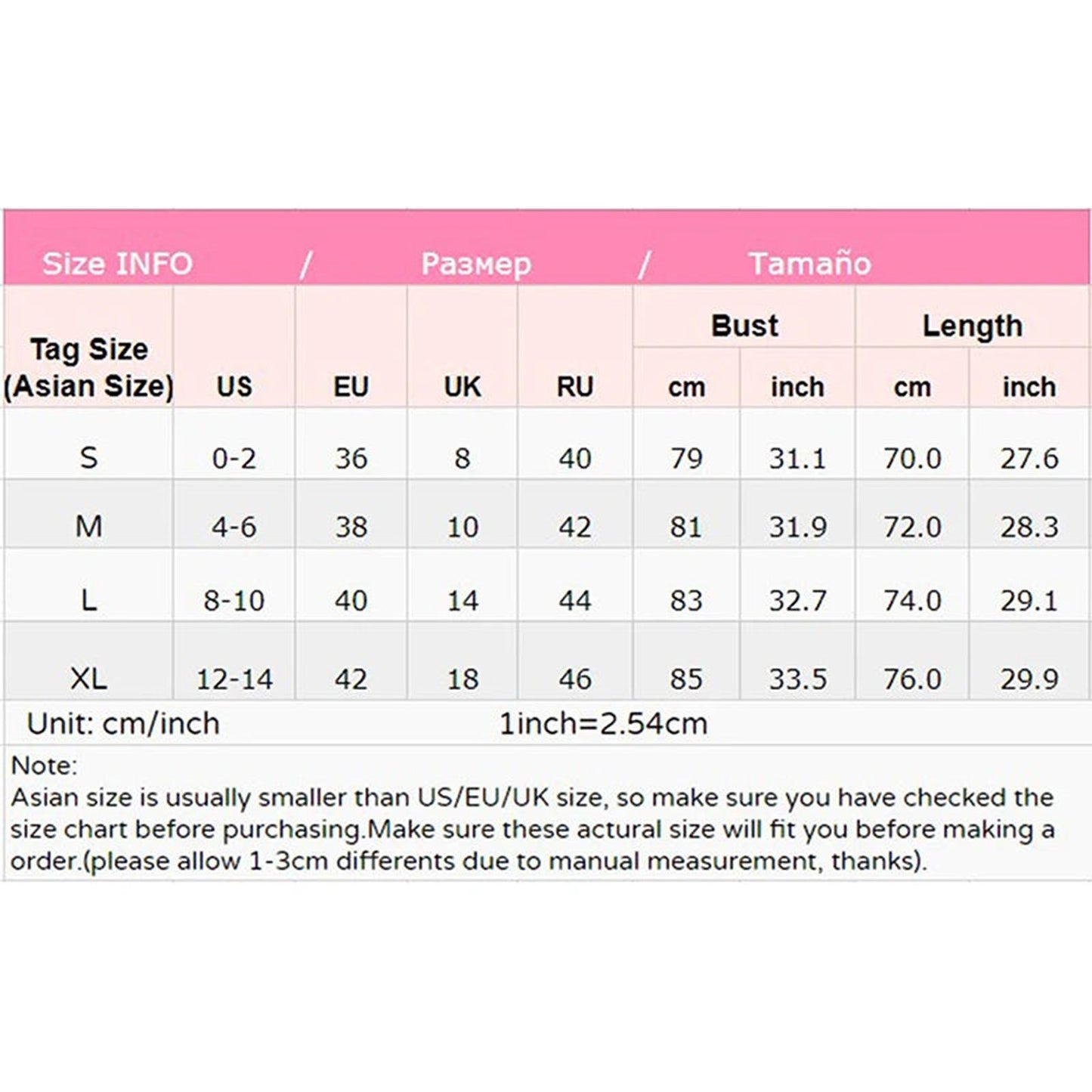 Size chart for silk lace babydoll lingerie from LuckeLadybug LLC showing measurements for various sizes