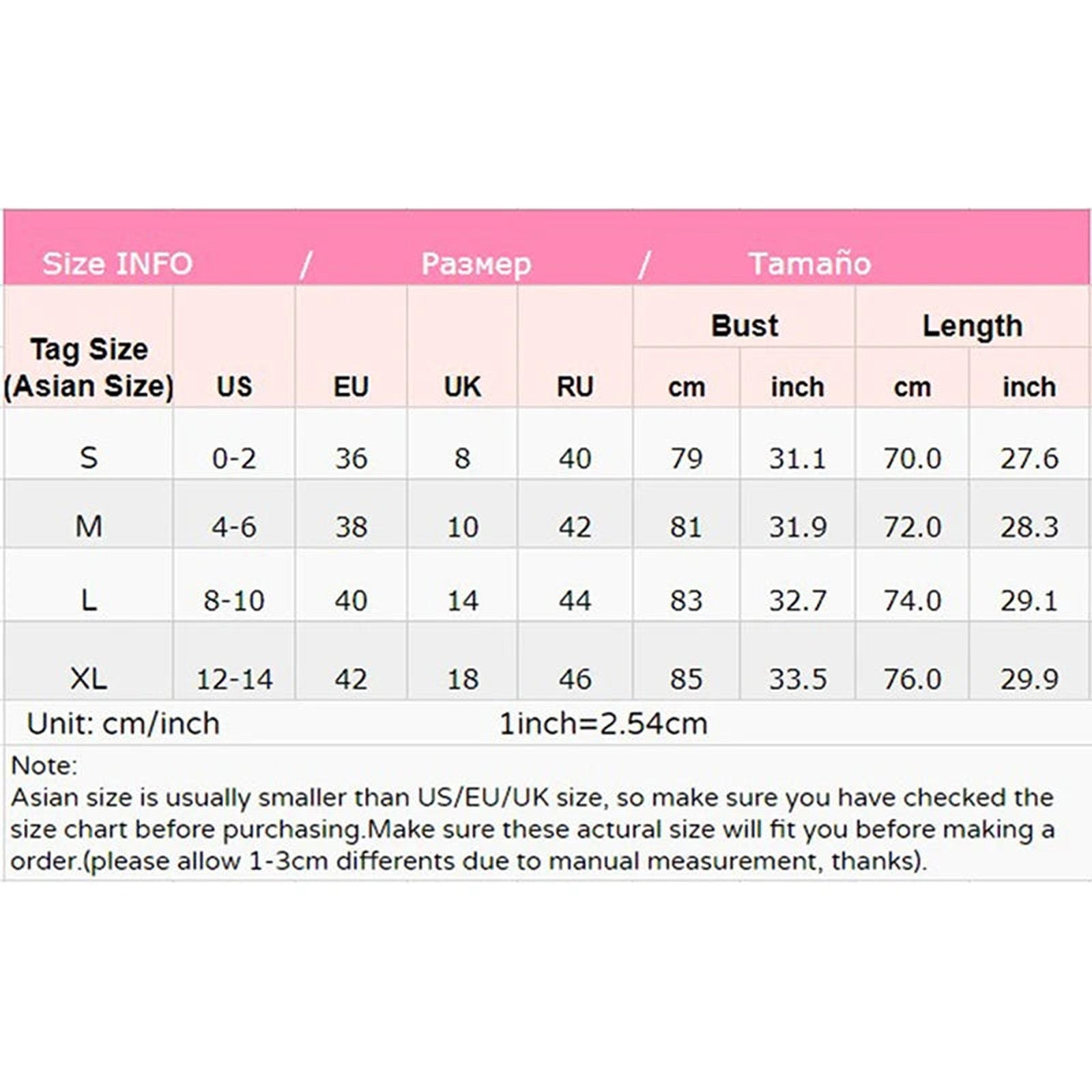 Size chart for silk lace babydoll lingerie from LuckeLadybug LLC showing measurements for various sizes