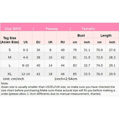 Size chart for silk lace babydoll lingerie from LuckeLadybug LLC showing measurements for various sizes