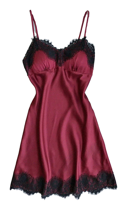 Burgundy silk satin nightgown for women with lace trim and adjustable straps