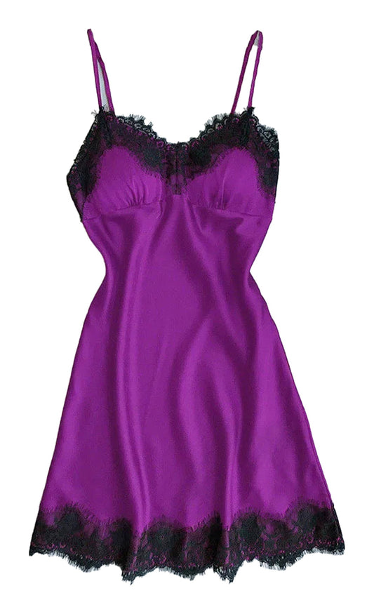 Luxurious purple silk satin nightgown for women with lace trim and delicate straps