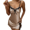 Silky satin nightdress for women with lace detailing and adjustable straps in a soft beige color