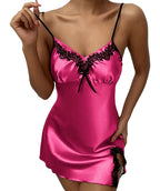 Pink silky satin nightdress for women with lace detailing and adjustable straps