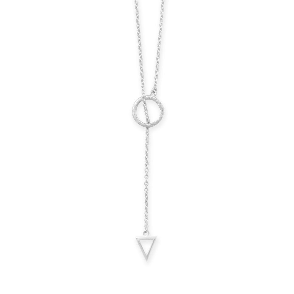 LuckeLadybug LLC 24 inch lariat necklace featuring a circular link and a triangular pendant