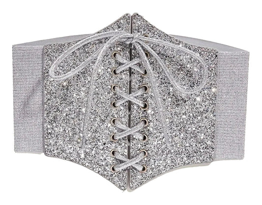 Silver corset belt for women with glittery finish and lace-up detailing for stylish outfits