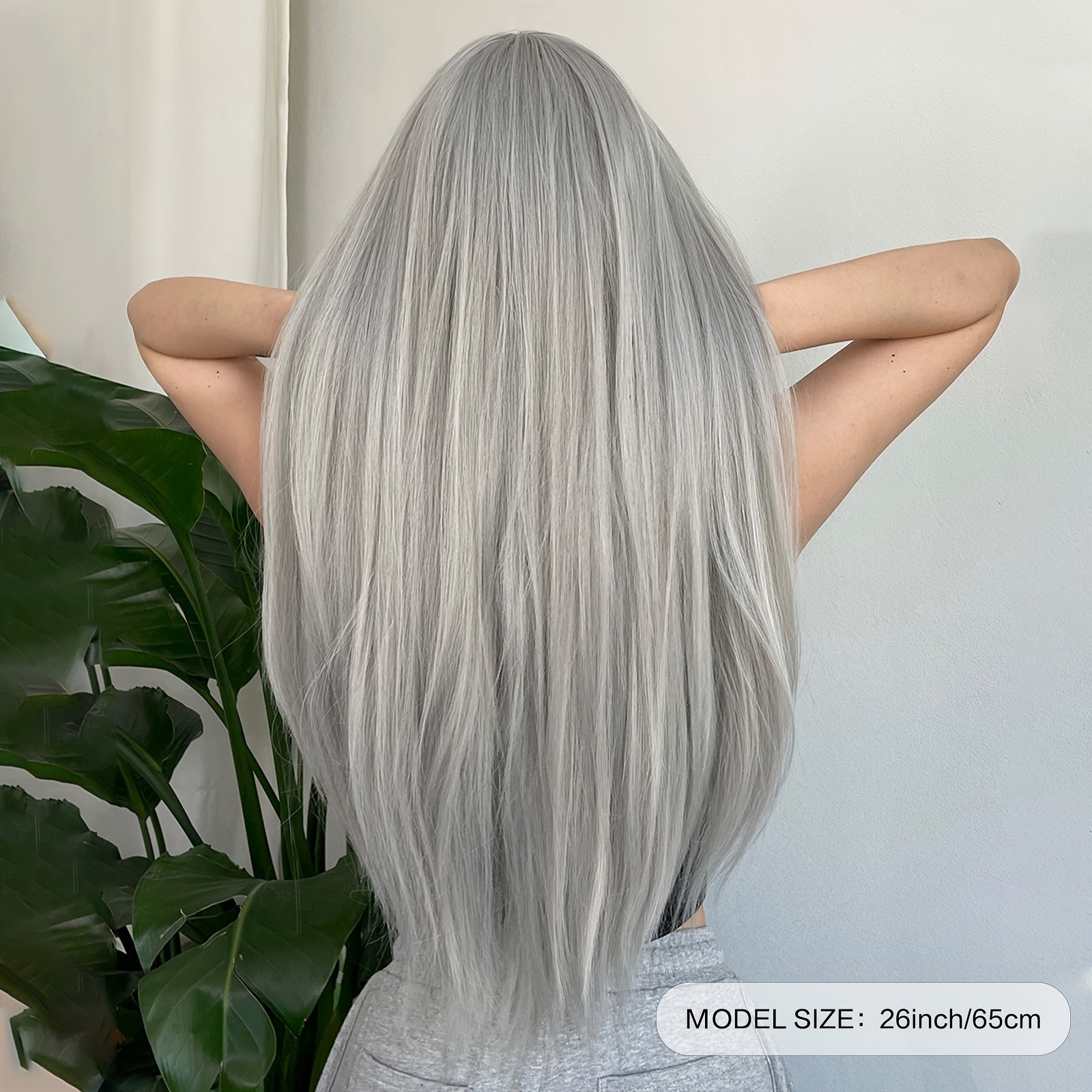 Silvery grey long straight wig styled with a natural look, showcasing its sleek design and length