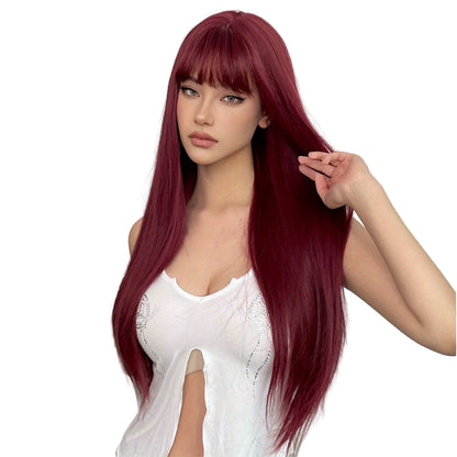 Silvery grey long straight wig by LuckeLadybug LLC featuring smooth, sleek strands for a stylish look