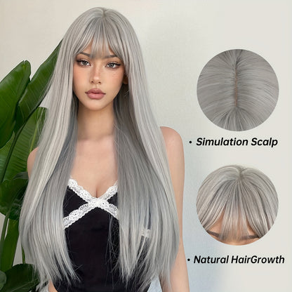 Silvery grey long straight wig with a natural scalp appearance and soft strands for a realistic look
