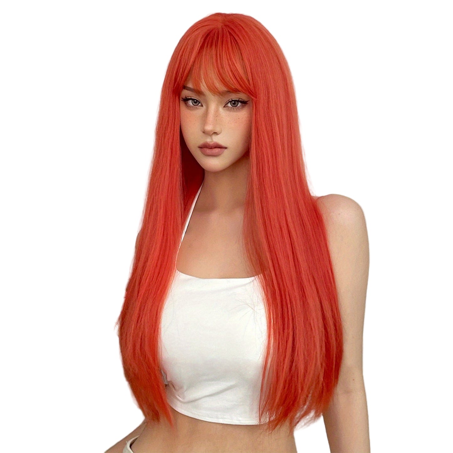 Silvery grey long straight wig from LuckeLadybug LLC, featuring sleek and modern style