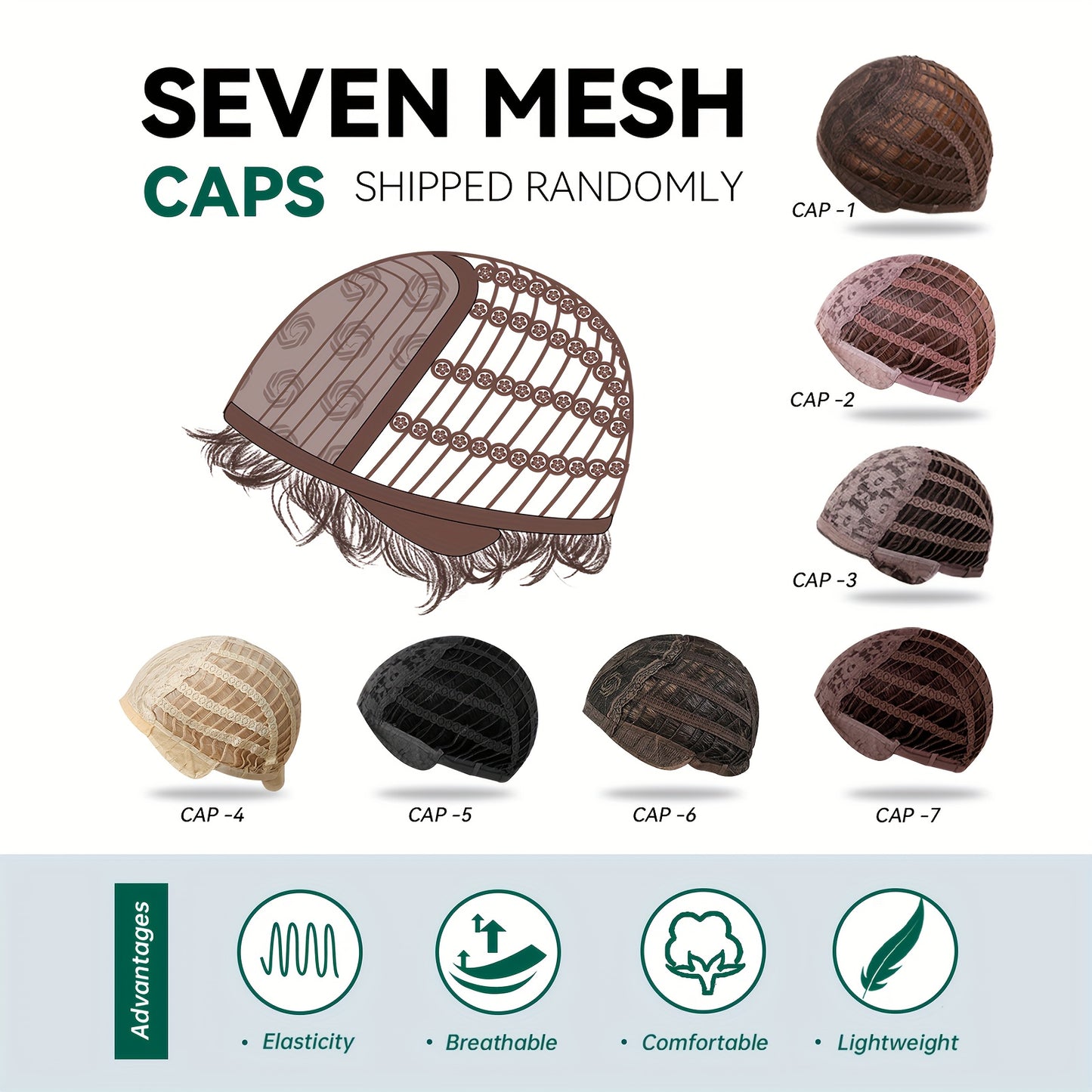 Seven mesh wig caps in various colors, highlighting elasticity and breathability for comfort