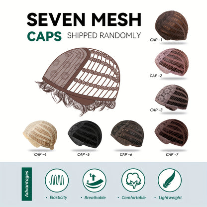 Seven mesh wig caps in various colors, highlighting elasticity and breathability for comfort